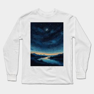 lake with starry night crescent moon Long Sleeve T-Shirt